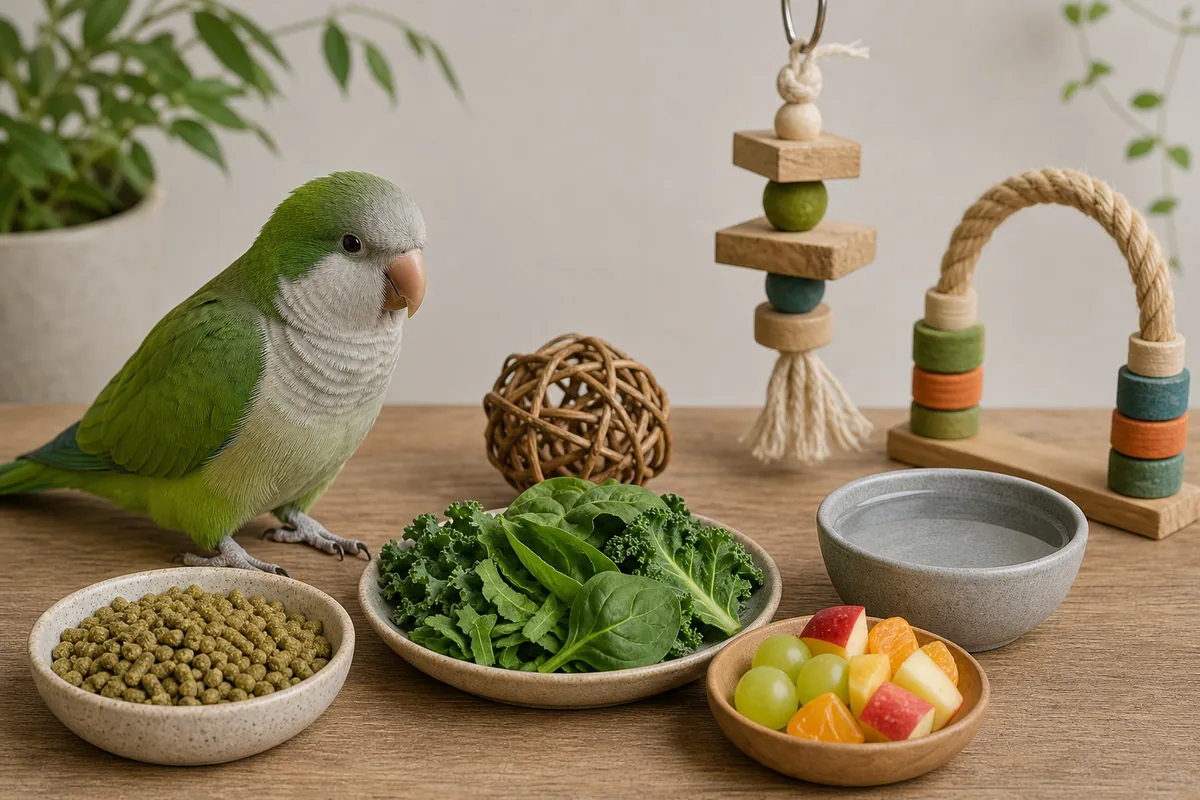 和尚鸚鵡旁邊擺著顆粒飼料、蔬菜、水碗、水果與玩具