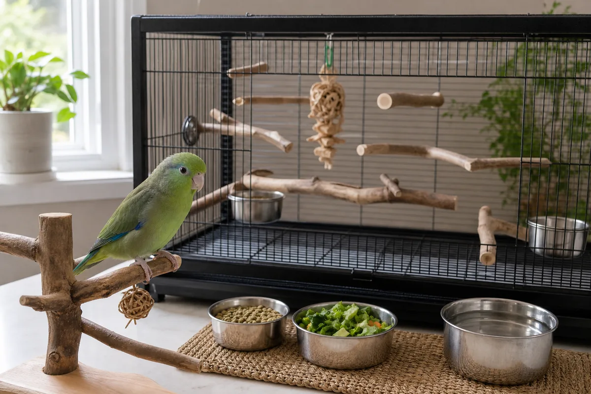 太平洋鸚鵡鳥籠、天然棲木、顆粒飼料與蔬菜配置