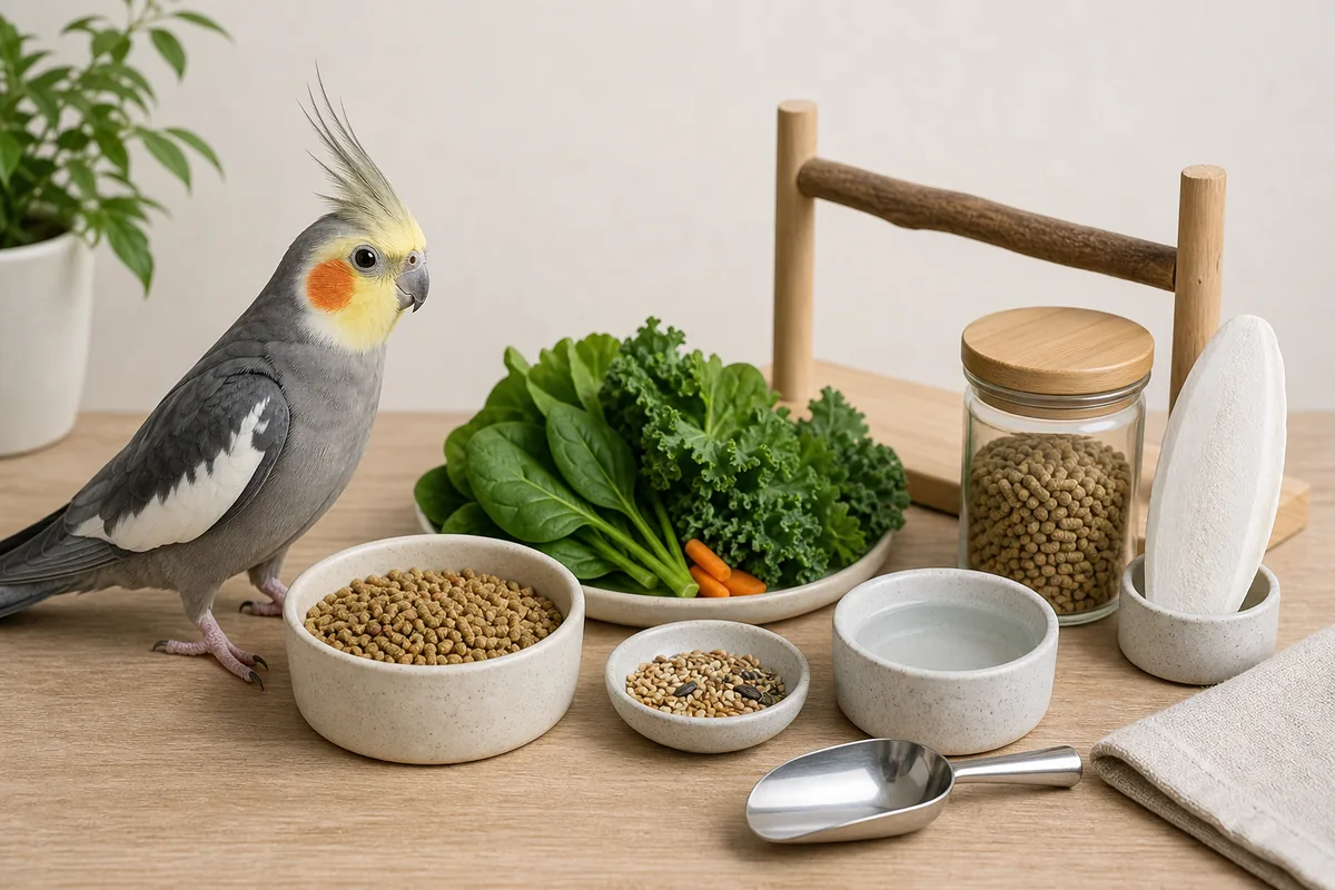 玄鳳鸚鵡的顆粒飼料、種子、蔬菜與飲水用品
